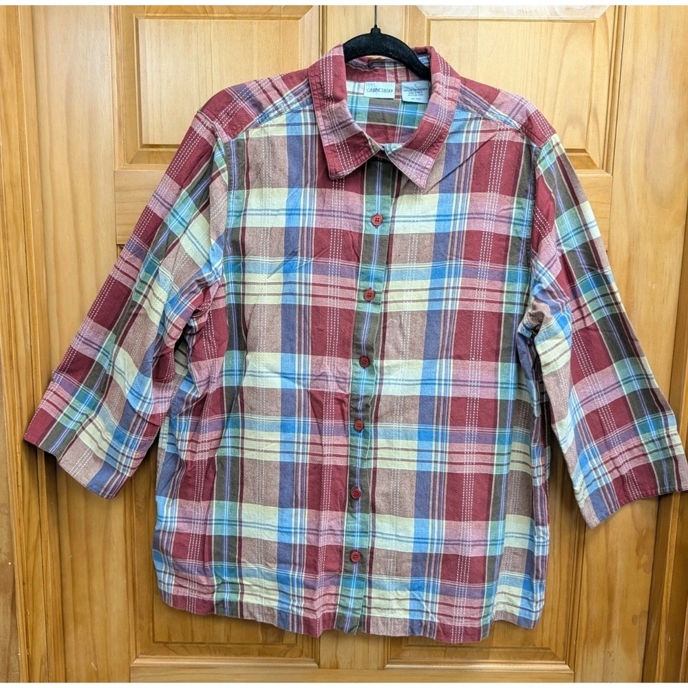 Cabin Creek Women's 1X Plaid Shirt Button-Down Front 3/4 Button Tabs Sleeves